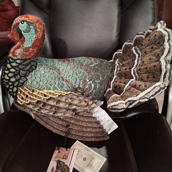 John Derian 2024 15x17 Beaded Sequins Thanksgiving Turkey Novelty Plush Pillow - Picture 6 of 6